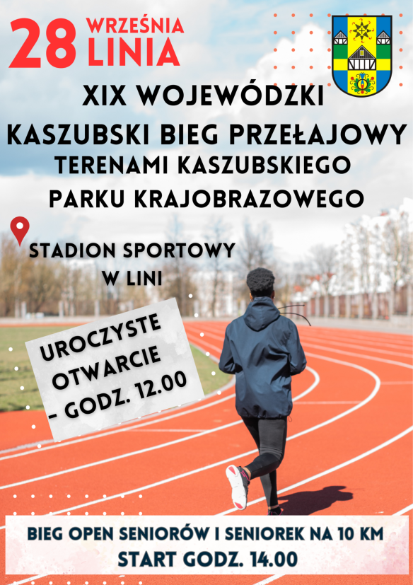 Plakat XIX Wojewódzkiego Biegu Przełajowego Lini z 28 czerwca, z biegaczem na torze.