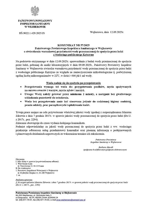 Urzędowe pismo o warunkowej przydatności wody w Kętrzynie.