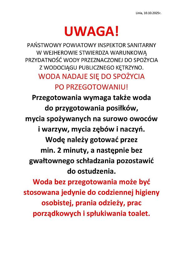 Plakat informujący o tymczasowej niezdatności wody z Kętrzyna do picia bez przegotowania.