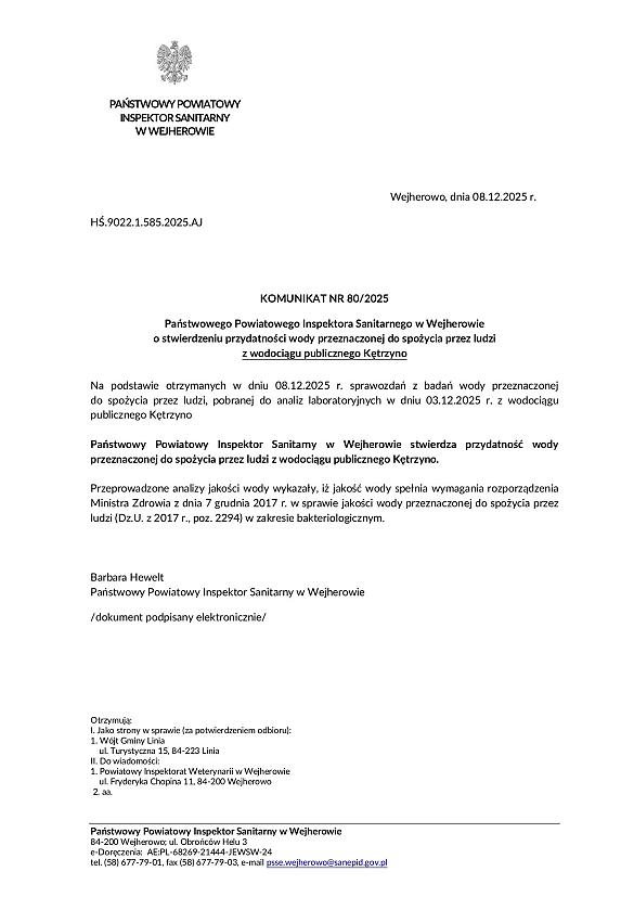 Komunikat stwierdzający przydatność wody do spożycia z wodociągu publicznego w miejscowości Kętrzyno