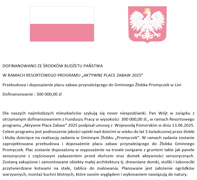 Polska flaga, godło i tekst o programie Aktywne Place Zabaw 2025.
