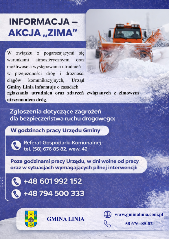 Plakat Akcji ZIma. Pomarańczowy pług śnieżny na zasypanej śniegiem drodze, gotowy do akcji ZIMA.