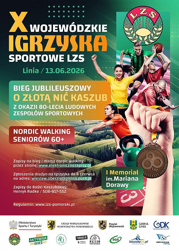 Plakat X Wojewódzkich Igrzysk LZS z bieżnią, sylwetkami sportowców i informacjami o wydarzeniu.