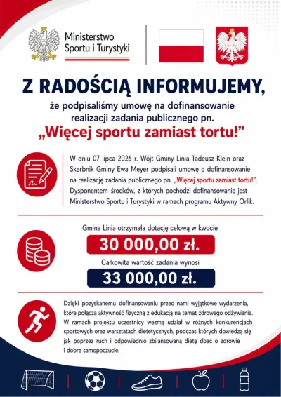 Gmina Linia podpisała umowę na dofinansowanie realizacji zadania publicznego pn. "Więcej sportu zamiast tortu"!