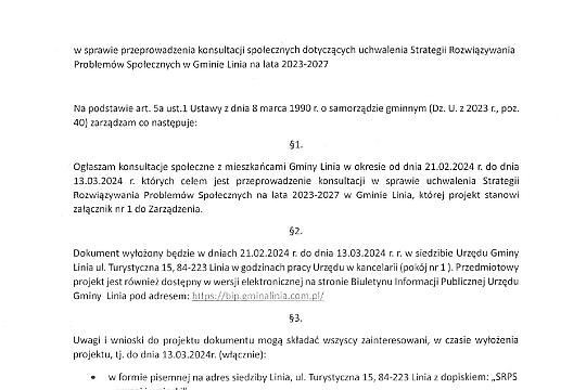 Zarządzenie Nr 16/2024 Wójta Gminy Linia z dnia 20.02.2024r. w sprawie przeprowadzenia konsultacji społecznych dotyczących uchwalenia Strategii Rozwiązywania Problemów Społecznych w Gminie Linia na lata 2023-2027