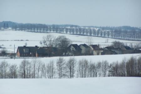 Zasypane śniegiem pola i zabudowania Kętrzyna z linią drzew na horyzoncie.