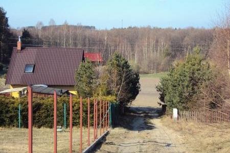Lewinko: dom z czerwonym dachem, ścieżka i las, widoczne pod błękitnym niebem.