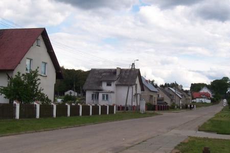Ulica w Linia z domami jednorodzinnymi i zielenią pod zachmurzonym niebem.