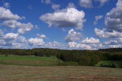 Błękitne niebo z białymi chmurami nad zielonymi polami i lasami Miłoszewa.