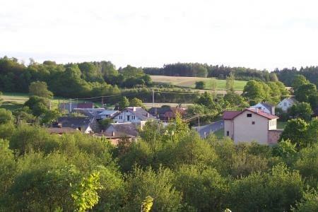 Sielski widok na Tłuczewo: domy wśród bujnych lasów i zielonych pól.
