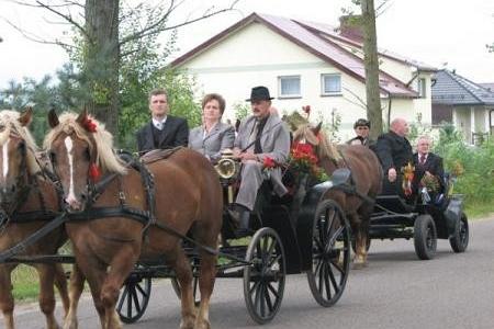 Orszak dożynkowy z konnym wozem i uczestnikami na wiejskiej drodze.