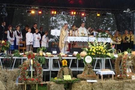 Uczestnicy dożynek prezentują plony i ozdoby na wieczornej scenie.