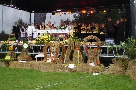 Scena z ludźmi i bogatymi dekoracjami dożynkowymi wykonanymi ze słomy na trawie.