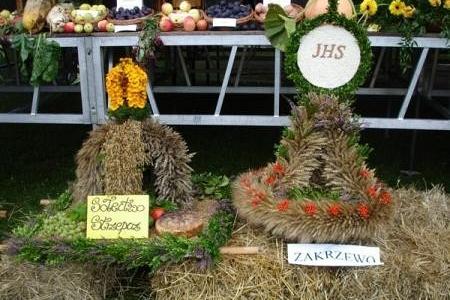 Dwa wieńce dożynkowe ze słomy i ziaren z napisami Gmina Linia oraz 2008.