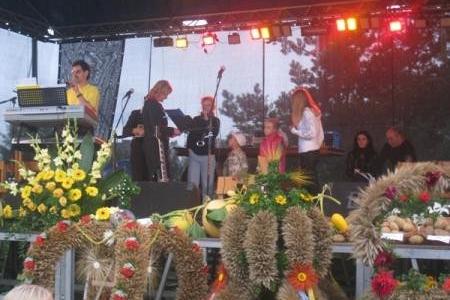 Muzycy grają na scenie wśród dożynkowych ozdób i kwiatów podczas Gminnych Dożynek.