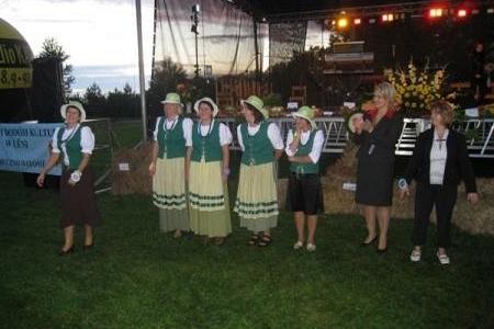 Uczestnicy Dożynek Gminnych 2008 w tradycyjnych strojach i eleganckich ubraniach stoją na trawie.