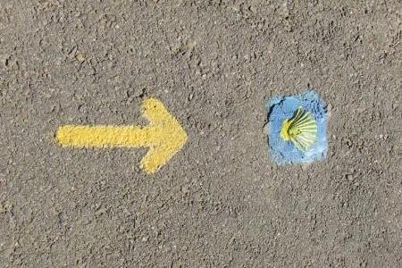 Żółta strzałka i muszla jakubowa Camino na ziemi.