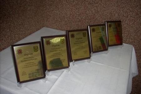 Złote tablice wyróżnień lub podziękowań ze Zjazdu OSP 2011 na białym tle.