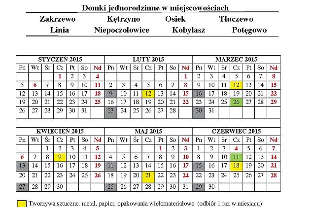 Harmonogram wywozu odpadów segregowanych   i zmieszanych   z terenu gminy Linia w 2015 roku.