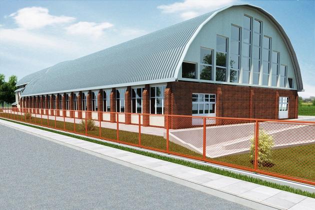 Hala z półokrągłym dachem i ceglaną ścianą, przykład projektu z RPO.