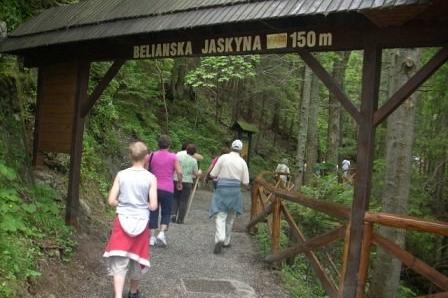 Wycieczka idzie szlakiem pod drewnianą bramą, otoczoną zielenią lasu.