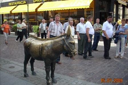 Turyści z Lini oglądają rzeźbę osiołka w Toruniu, na tle budynków z markizami.