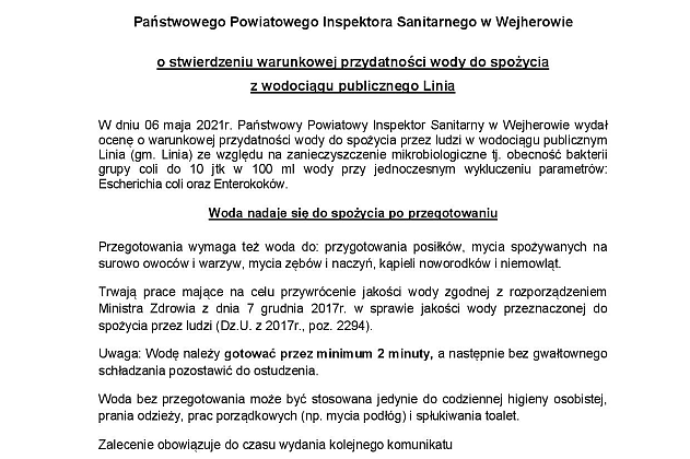 Komunikat o stwierdzeniu warunkowej przydatności wody do spożycia z wodociągów publicznych Smażyno, Linia, Kętrzyno
