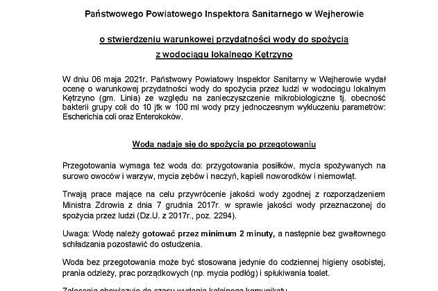 Komunikat o stwierdzeniu warunkowej przydatności wody do spożycia z wodociągów publicznych Smażyno, Linia, Kętrzyno