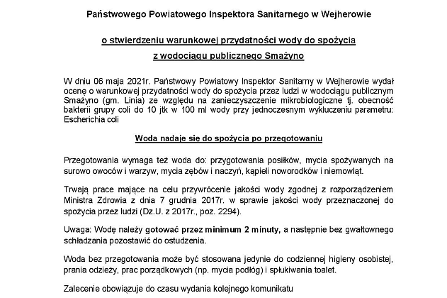 Komunikat o stwierdzeniu warunkowej przydatności wody do spożycia z wodociągów publicznych Smażyno, Linia, Kętrzyno