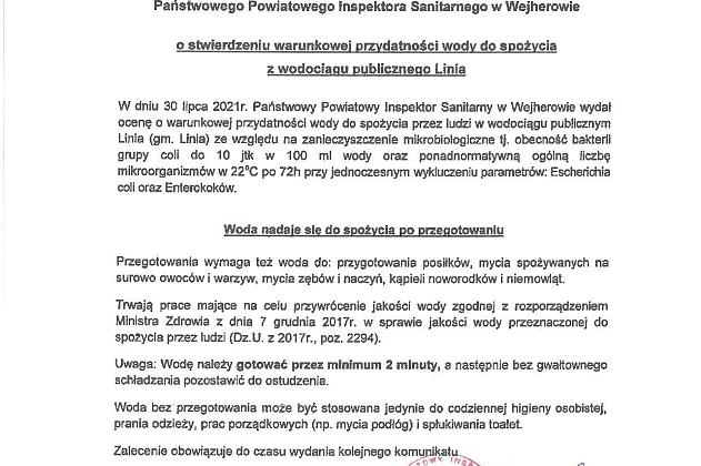 Informacja o warunkowej przydatności do spożycia wody z ujęć w Lini, Zakrzewie i Kętrzynie