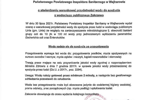 Informacja o warunkowej przydatności do spożycia wody z ujęć w Lini, Zakrzewie i Kętrzynie