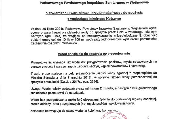 Informacja o warunkowej przydatności do spożycia wody z ujęć w Lini, Zakrzewie i Kętrzynie
