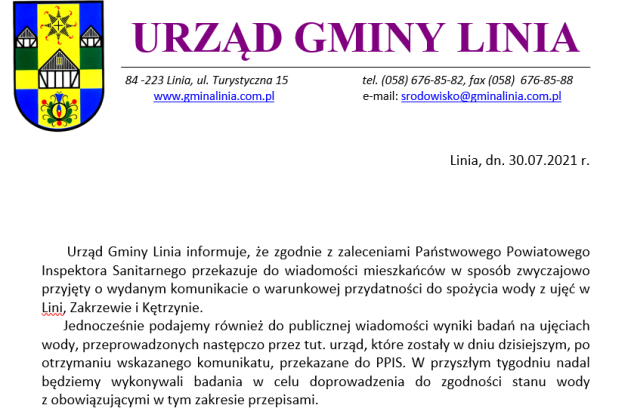 Informacja o warunkowej przydatności do spożycia wody z ujęć w Lini, Zakrzewie i Kętrzynie