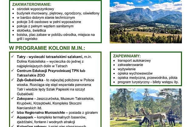 Plakat letnich kolonii w górach dla dzieci rolników, zawiera zdjęcia i opis oferty.