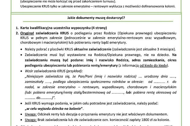 Dokument tekstowy z zasadami uczestnictwa w koloniach Lato 2025 dla dzieci rolników.