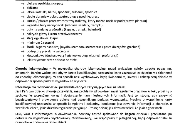Strona internetowa z informacjami o letnich koloniach dla dzieci, zawiera tekst i zielone akcenty.