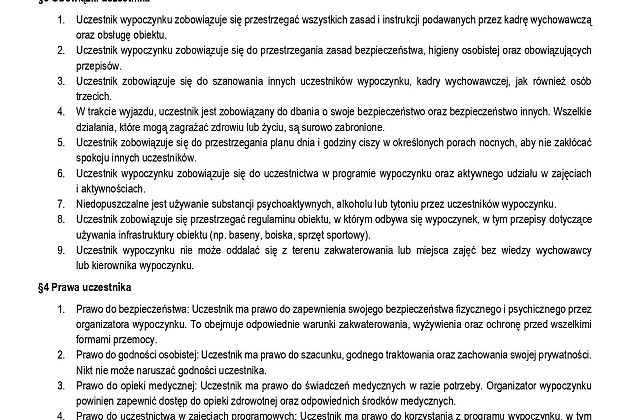 Formularz zgłoszeniowy lub regulamin kolonii letnich w górach dla dzieci rolników.