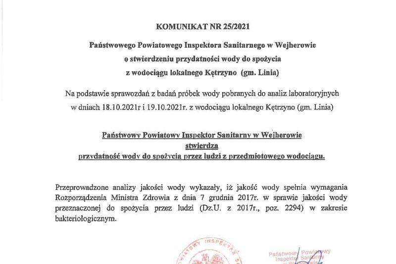 Komunikat o stanie wody z ujęcia Kętrzyno - Zdatna do spożycia!