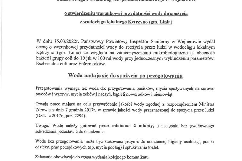 Komunikat o stanie wody z ujęcia Kętrzyno - WODA WARUNKOWO ZDATNA DO SPOŻYCIA!