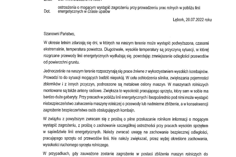 Uważajcie na instalacje energetyczne podczas prac polowych!