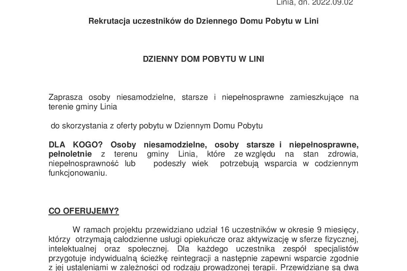 Rekrutacja uczestników do Dziennego Domu Pobytu w Lini