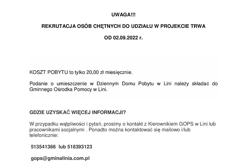 Rekrutacja uczestników do Dziennego Domu Pobytu w Lini