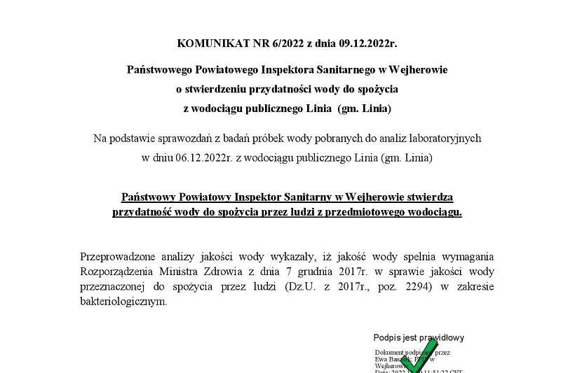Komunikat o stanie wody z ujęcia Linia - WODA ZDATNA DO SPOŻYCIA!
