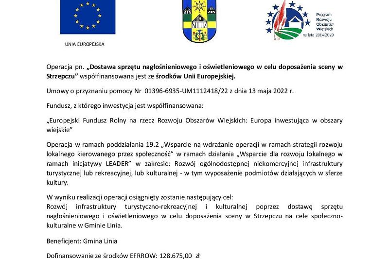 „Dostawa sprzętu nagłośnieniowego i oświetleniowego w celu doposażenia sceny w Strzepczu” współfinansowana jest ze środków Unii Europejskiej.