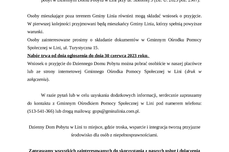 OGŁOSZENIE O NABORZE DO DZIENNEGO DOMU POBYTU W LINI