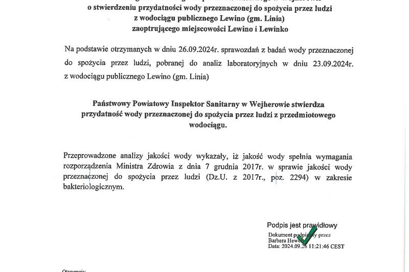 WODA W MIEJSCOWOŚCI LEWINO I LEWINKO ZDATNIA DO SPOŻYCIA !