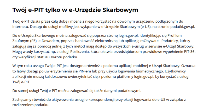Strona internetowa Twój e-PIT z wieloma akapitami tekstu informacyjnego.