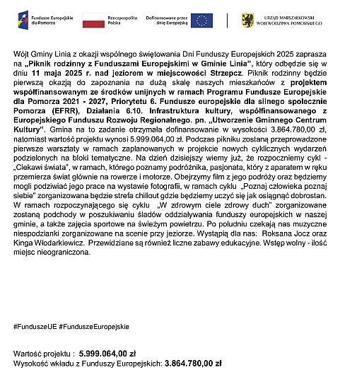 Oficjalne pismo z logotypami UE i polskimi, zawierające szczegóły projektu Funduszy Europejskich.