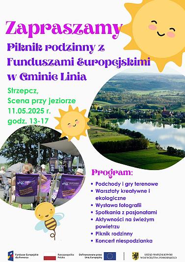 Fioletowy plakat z uśmiechniętym słońcem zaprasza na Piknik Rodzinny z Funduszami Europejskimi w Gminie Linia.
